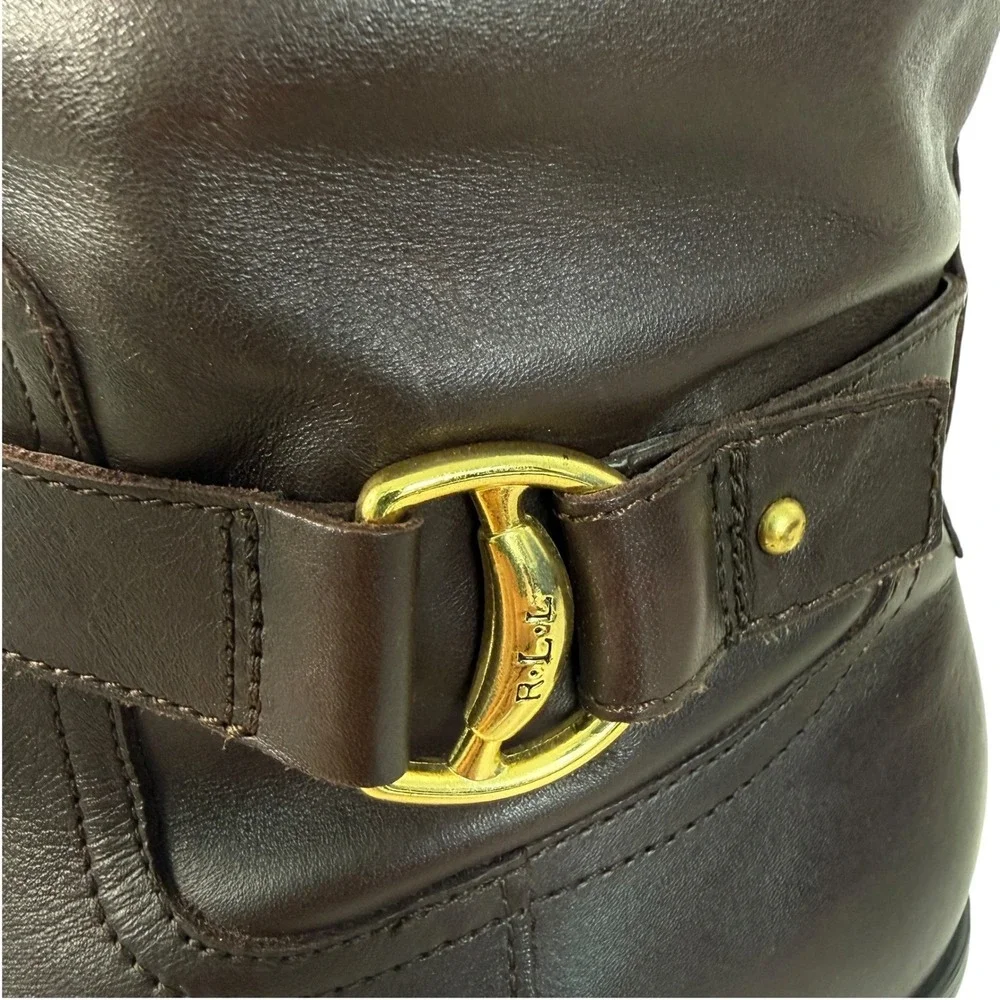 Lauren Ralph Lauren Womens Micah Dark Brown Leather Riding Boots Gold Buckle 9.5